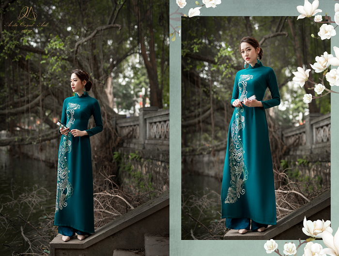Áo dài bé trai màu xanh vẽ lân AD832 - Hoài Giang shop