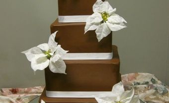 Bánh cưới chocolate vuông viền trắng, hoa trắng - Blog Marry