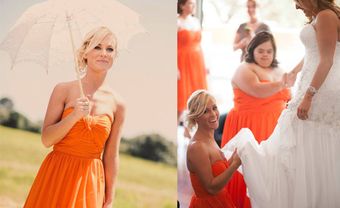 Váy phụ dâu màu cam kết hợp với ô - Blog Marry
