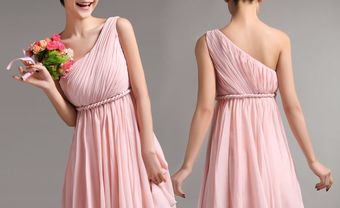 Váy phụ dâu màu hồng lệch vai dễ thương - Blog Marry