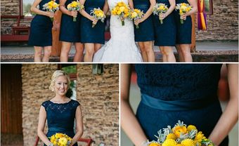 Váy phụ dâu màu xanh dương chất ren hoa cầm tay màu vàng - Blog Marry