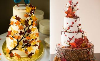 Bánh cưới trắng với họa tiết lá mùa thu lãng mạn - Blog Marry