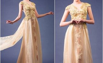 Áo dài cưới đẹp chất voan màu vàng đồng kết hoa ren - Blog Marry