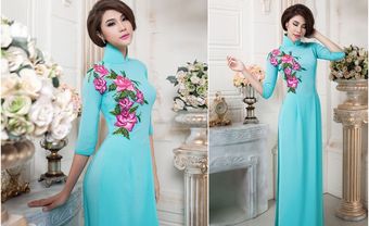 Áo dài cưới màu xanh họa tiết hoa hồng - Blog Marry