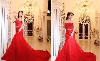 Váy cưới ren đuôi cá phối voan màu đỏ nổi bật - Blog Marry