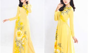 Áo dài cưới truyền thống chất lụa màu vàng họa tiết hoa lá - Blog Marry