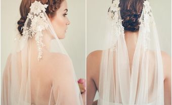 Tóc cưới đẹp búi thấp kết hợp lúp voan hoa trắng - Blog Marry