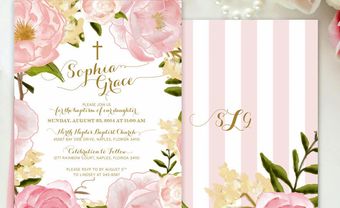 Thiệp cưới đẹp màu hồng sọc trắng họa tiết hoa trà ngọt ngào - Blog Marry