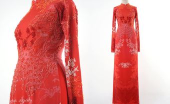 Áo dài cưới đẹp màu đỏ in chìm họa tiết hoa, đính cườm tinh tế - Blog Marry