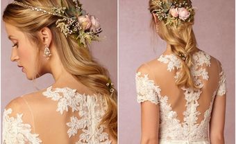 Tóc cô dâu đẹp thắt bím nửa đầu kết hợp vòng hoa lãng mạn - Blog Marry