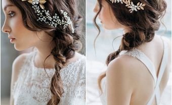 Tóc cô dâu đẹp thắt bím lệch cài phụ kiện hoa lá ánh kim - Blog Marry