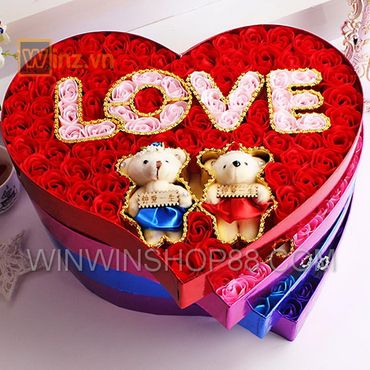 Hộp quà trái tim 2 gấu bông và hoa hồng sáp 99 bông - Win Win Shop88 - Hình 1
