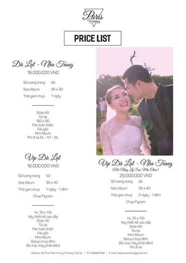 Bảng giá dịch vụ cưới tại Paris Wedding - Paris Wedding Vietnam - CN TPHCM - Hình 1